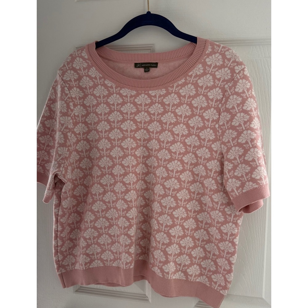 Adrianna Papell Pink Floral Pattern Retro Short Sleeve Knit Top Women's Size L - Picture 3 of 7